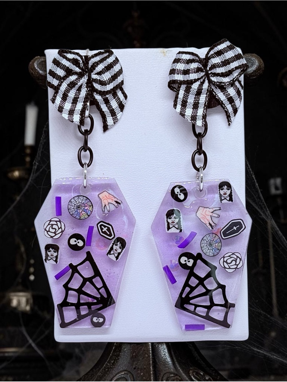 Gothic Wednesday Inspired Lavender Coffin Dangle Earrings with Black Bow